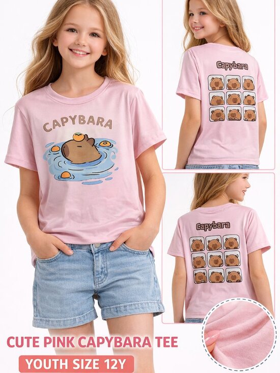 SHEIN Other - Girls Capybara Graphic T Shirt Pink Cute Kawaii Tee Size 12Y Soft Stretch Top
